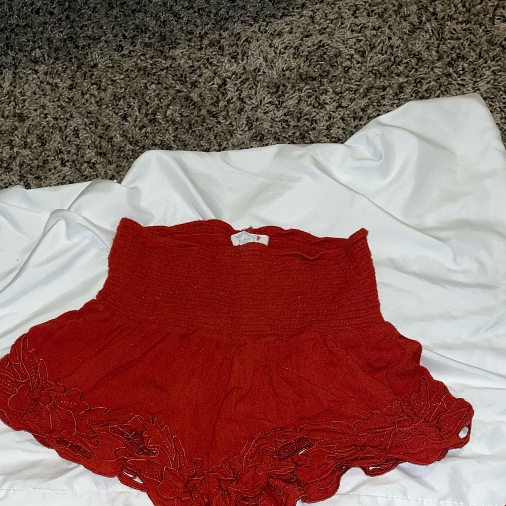 Red high waisted flowy shorts with lace